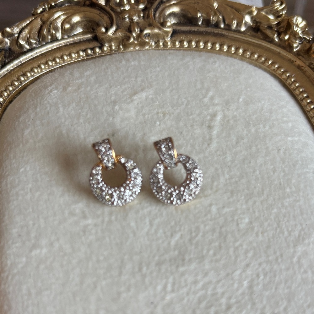 vintage Avon gold-tone pavé drop hoop earrings with crystal rhinestones
